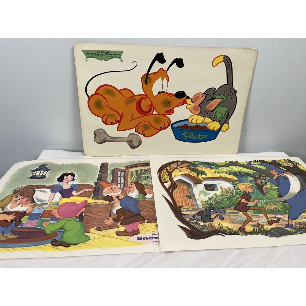 Vintage Disney Laminated Placemats *Lot of 3* Jungle Book Pluto Snow White 60's